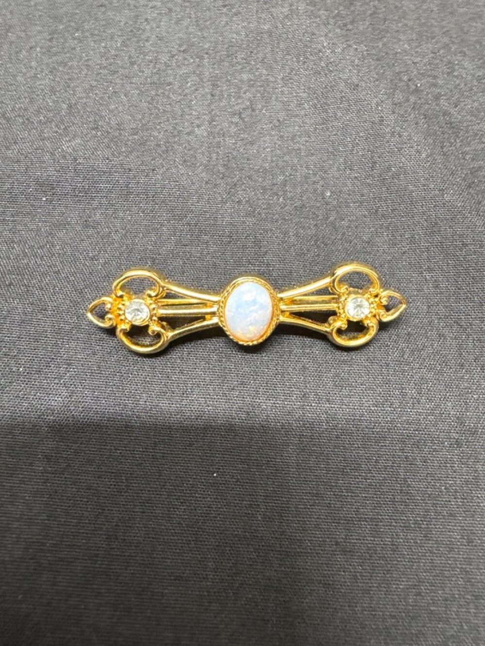 Vintage Trifari Gold-Tone Bar Brooch Opalescent Stone & Rhinestone Accents